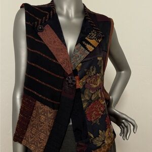 Donna‎ Jessica Vintage Boho Patchwork Vest Artsy Pattern w/ Lapels